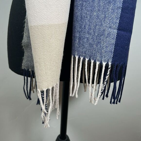 Cashmere Scarf Made in Germany Blue Cream Tan with Fringe - Picture 3 of 12